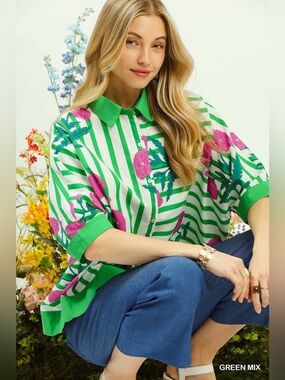 Umgee Mixed Floral Stripe Button Down Top 💚  | Boho Patchwork Blouse🛍️
